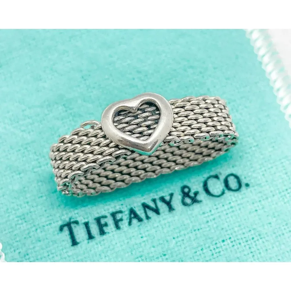 Tiffany & Co. Somerset Mesh Heart Ring Sterling Silver Size 8 w/ Pouch
